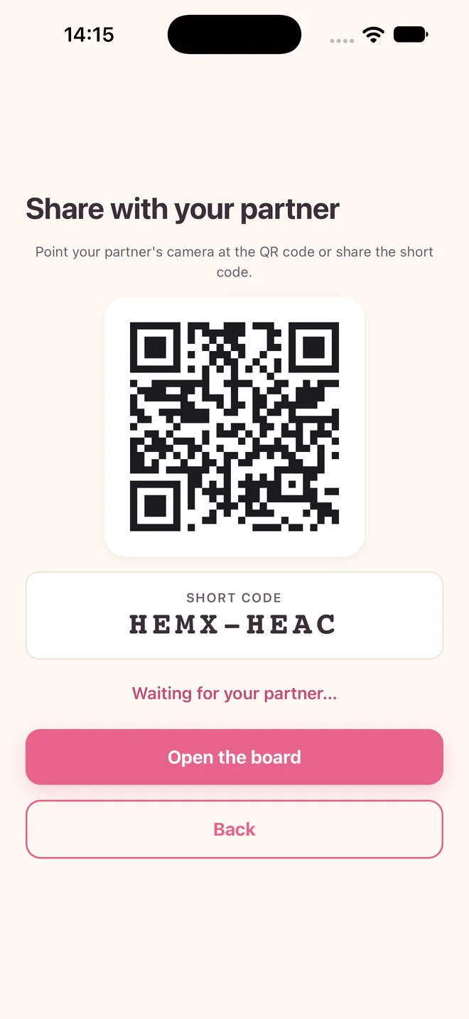 Invite screen with the QR code and the short code for the partner