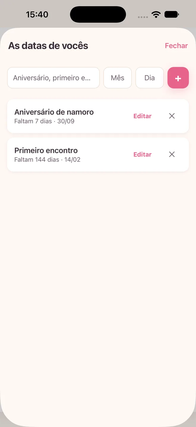 Lista de datas especiais com a contagem de dias